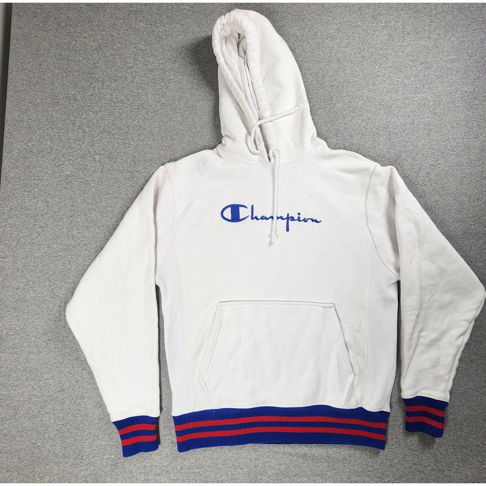 Champion Hoodie Mens Medium White Good Reverse Weave Striped Trim Script Logo